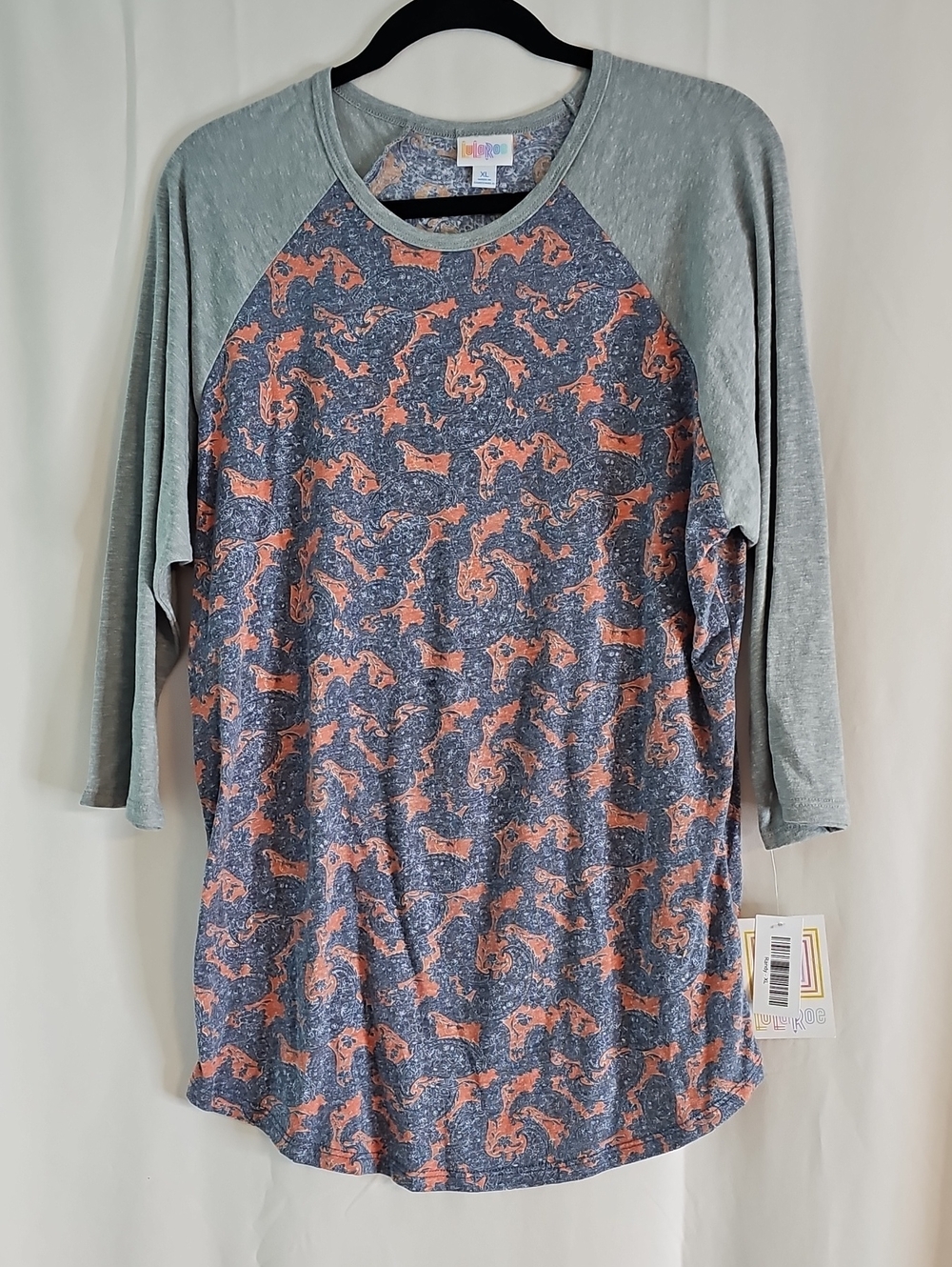 LuLaRoe Randy Heather Gray & Coral Dragon Print Raglan Shirt